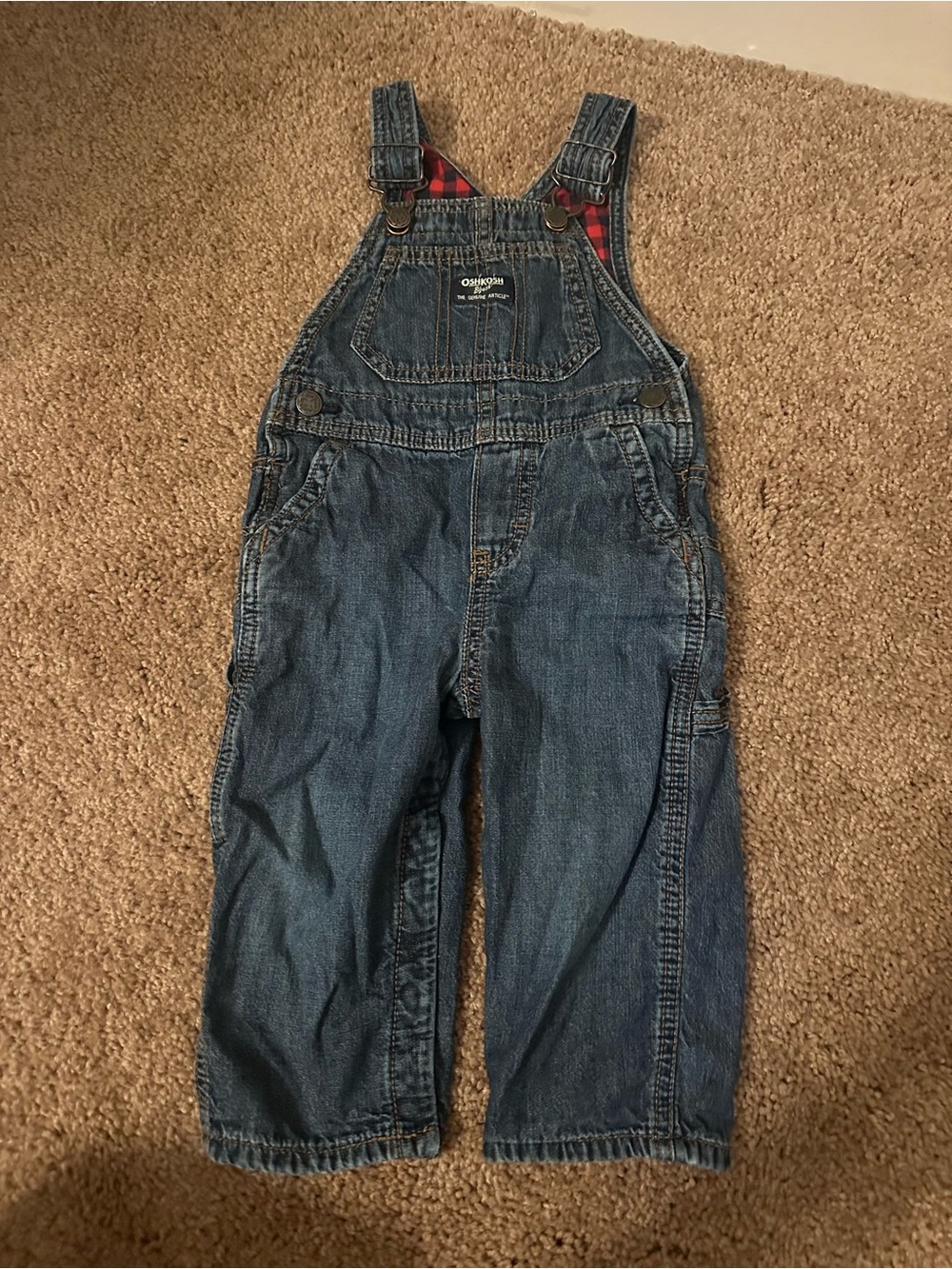 OshKosh B'gosh Denim Overalls with Red Plaid Lining